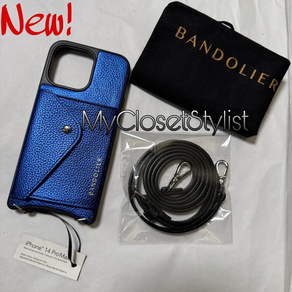 BANDOLIER Metallic Blue Wallet Case Crossbody Bag Strap Set NEW! 14ProMax Silver